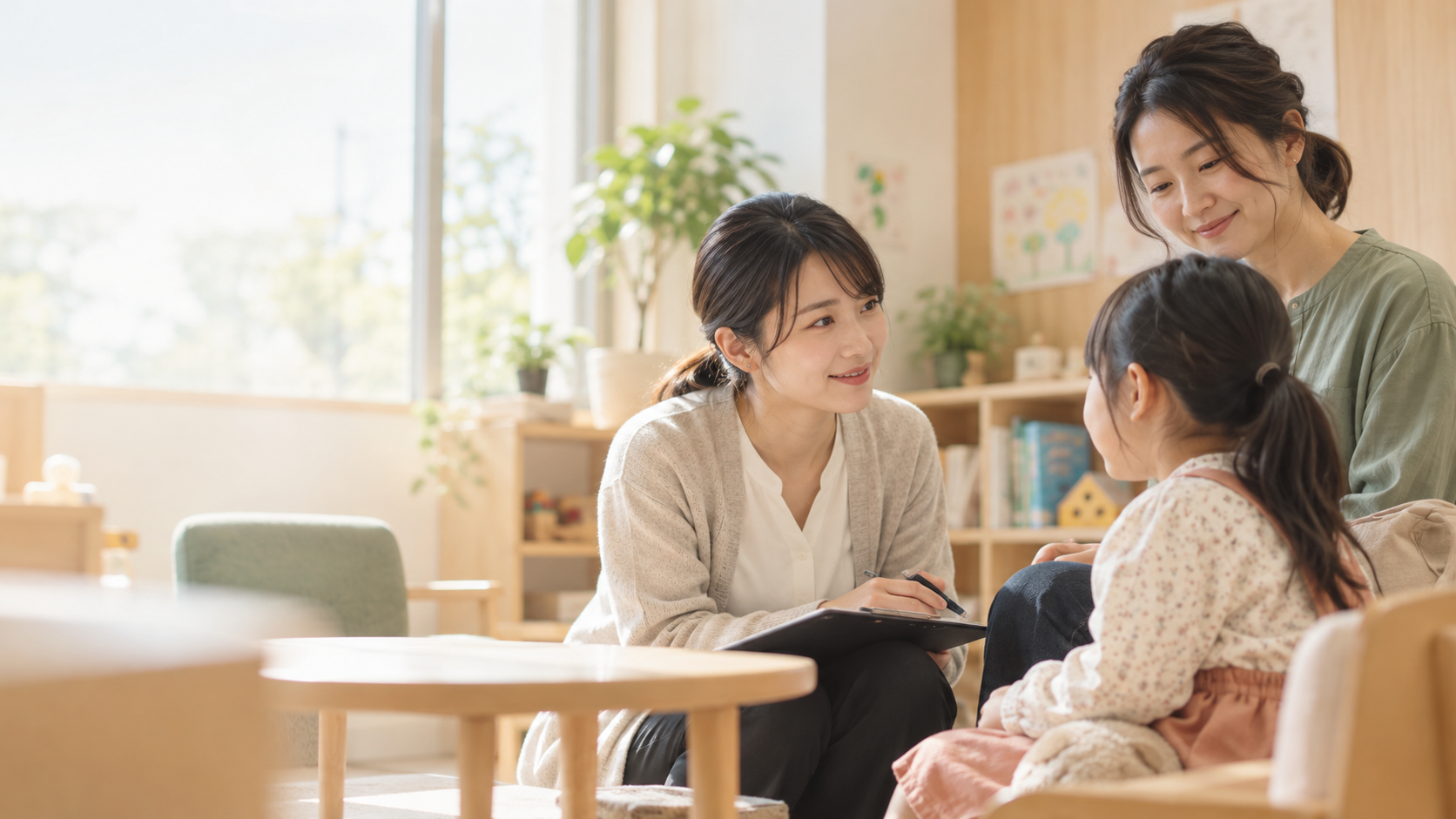 相談室で子どもと家族の話を聞く支援者のイメージ